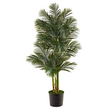 Nearly Natural 6-ft Golden Cane Artificial Palm Tree in Black Tin Planter