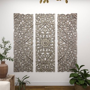 Set of 3 Wooden Floral Handmade Carved Intricately Wall Decors with Mandala Design Gray - Olivia & May - 1 of 4