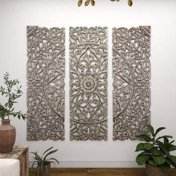 Set of 3 Wooden Floral Handmade Carved Intricately Wall Decors with Mandala Design - Olivia & May