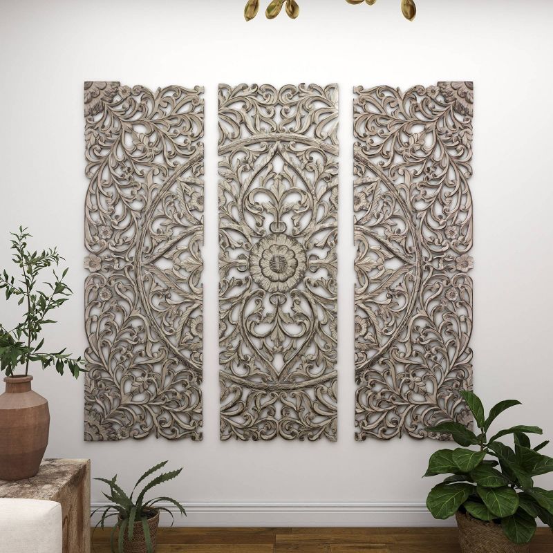 Set of 3 Wooden Floral Handmade Carved Intricately Wall Decors with Mandala Design Gray - Olivia &#38; May, 1 of 17