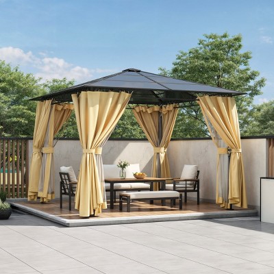 10x10 FT Aluminum Outdoor Gazebo with Polycarbonate Roof, Curtains and Mosquito Netting Backyard Tent for Backyard Lawn-Cuddlewood