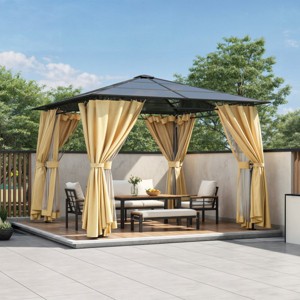 10x10 FT Aluminum Outdoor Gazebo with Polycarbonate Roof, Curtains and Mosquito Netting Backyard Tent for Backyard Lawn-Cuddlewood - 1 of 4