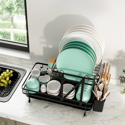 Black Metal and Bamboo 2-Tier Collapsible Dish Drying Rack
