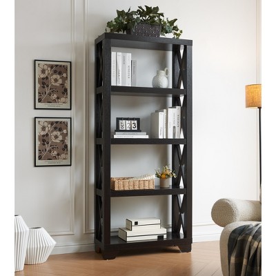 HDZNVF Modern Bookcase Display Cabinet Four Tall Shelves With X Brace Wooden Frame