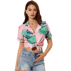 Allegra K Women's Hawaiian Floral Leaves Printed Short Sleeve Button Down Vintage Shirt - 1 of 4