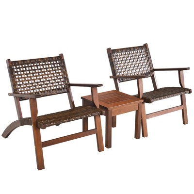 Tangkula 3 Pieces Outdoor Eucalyptus Wood Bistro Set Modern Hand-woven ...