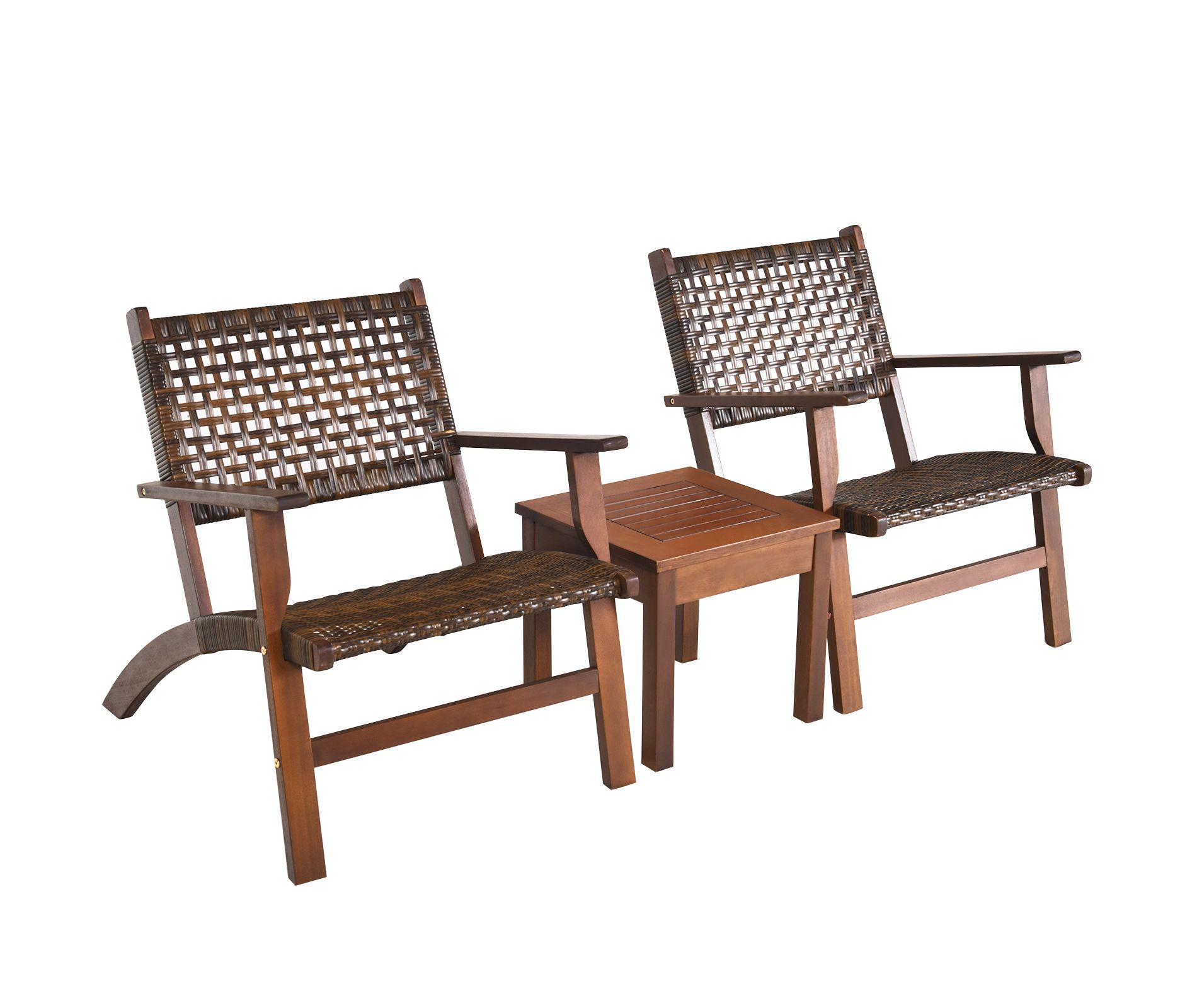 Tangkula 3 Pieces Outdoor Eucalyptus Wood Bistro Set Modern Hand-Woven PE Wicker Conversation Set