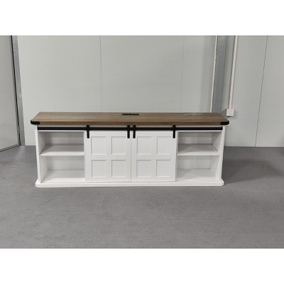 TV Stand for 77 Inch TVs, Mid Century Entertainment Center with Storage Cabinets & Charge Station & Farmhouse Sliding Barn Doors