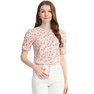 INSPIRE CHIC Women's Floral Summer Crew Neck Casual Shirred Short Sleeve Blouse - 1 of 4