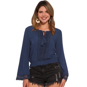 Allegra K Women's Round Neck Bell Long Sleeve Smocked Hem Cropped Blouse - 1 of 4