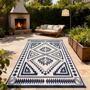 Airsurfer 9'x18' Navy and Cream Outdoor Rug Geometric Pattern Patio Rug Weather-Resistant for Patio and Deck Decor - 1 of 4