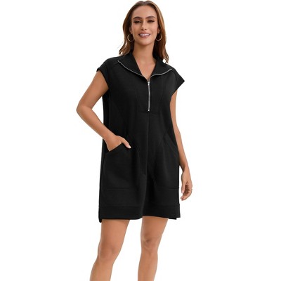 Женские платья INSPIRE CHIC Women's Half Zip Cap Sleeve V Neck Lapel Collar Tunic Summer Shift Mini Dresses with Pockets Medium Black — фото 3