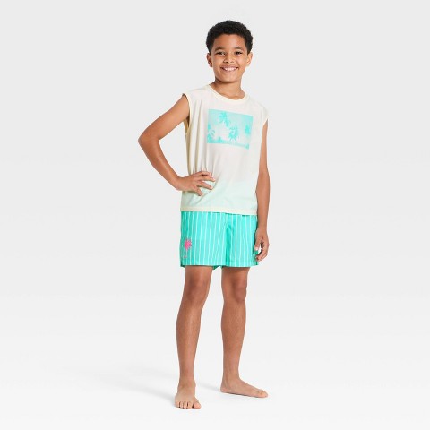 Art Class Boys' 2pc Beach Vibes Muscle Tank & Pinstripe Trunk Rash Guard Set - art class™ Chiffon Cream/Blue Paradise M