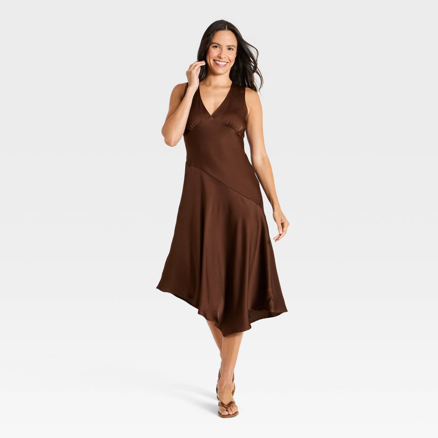 Женское платье A New Day Asymmetrical Satin Midi A-Line, цвет: Коричневый — фото 1