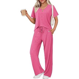 Ekouaer Pyjama Damen Herbst Schlafanzug Kurzarm Lang Hose Rippen Nachtw?sche - 1 of 4