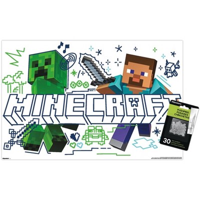 Trends International Minecraft: Doodle - Steve & Creeper Unframed Wall Poster Print Clear Push Pins Bundle 14.725" x 22.375"