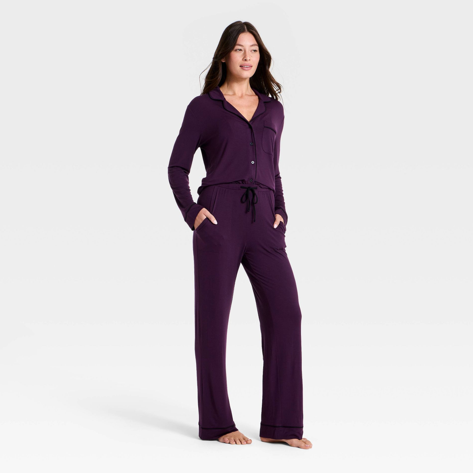 Women's Cloud Knit Modal Long Sleeve Notch Collar Top and Pants Pajama Set - Auden™