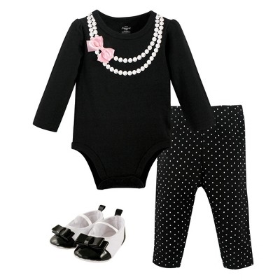 Little Treasure Baby Girls Cotton Bodysuit, Pant and Shoe 3pc Set, Pearls