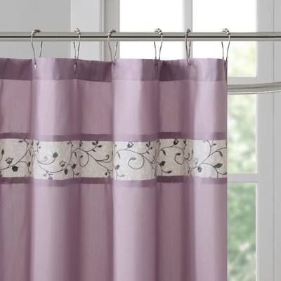 Purple Faux Silk Embroidered Floral Shower Curtain