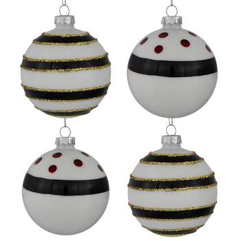 Northlight Set of 4 Shiny White and Black Striped Christmas Glass Ball Ornaments 3" (80mm)