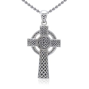 Slickblue Women's Celtic Cross Pendant Necklace, Sterling Silver with Knotwork Carvings, 0.94" Pendant, 18" Chain - 1 of 4