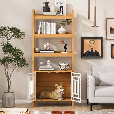 LAOTIES Modern Ladder Bookcase with Dog Crate Cabinet,Pet Friendly Furniture with Storage Shelves And Hidden Kennel