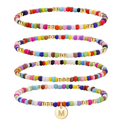 Turandoss 4PCS Colorful Beaded Initial Bracelets for Women Teen Girls - Stretch Bohemian Disc Initial Stackable Jewelry Birthday Gifts