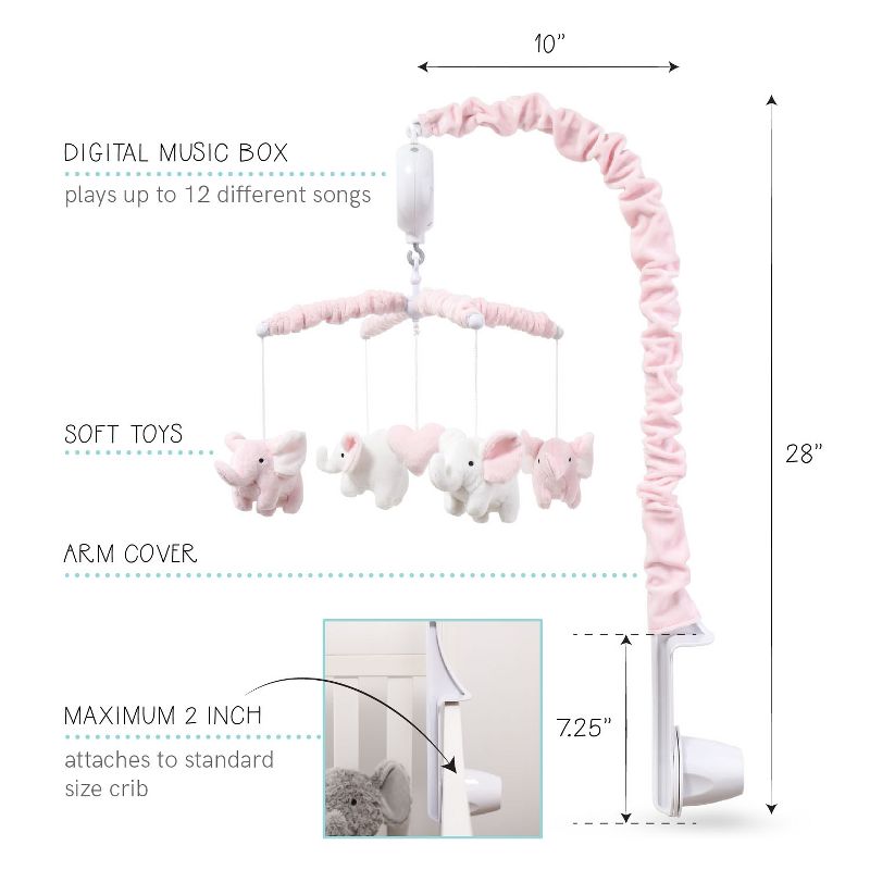 The Peanutshell Pink Elephant Musical Baby Crib Mobile for Girls, 5 of 9