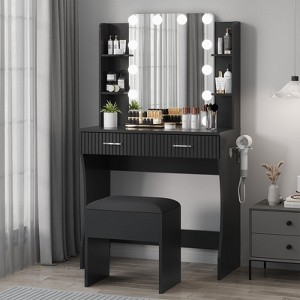 Makeup Vanity Desk with Mirror and 12 LED Lights, Vanity Table with Power Outlet, 2 Drawers 6 Shelves, - 1 of 4