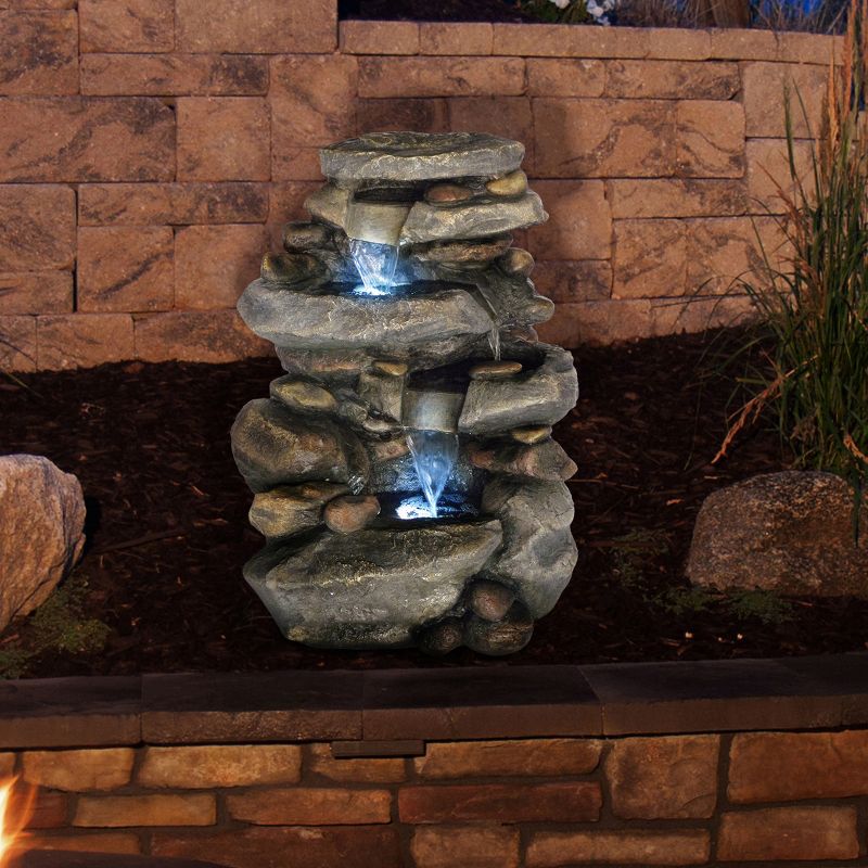 Nature Spring 3-Tiered Electric Waterfall Cascade Fountain With Pump and LED Lights, 3 of 7