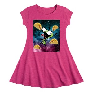 Girls' - Invader ZIM - GIR Loves Tacos in Space Fit & Flair Cap Sleeve Dress - 1 of 3