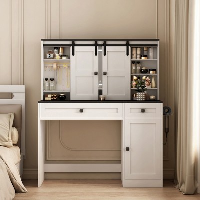 LOVSON 43” Farmhouse Dresser, Large Vanity with Illuminated Mirror, Drawers and Hair Dryer Stand for Bedroom, White + Black