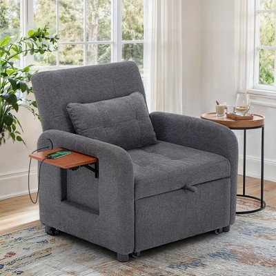 COLAMY Sleeper Chair, Fabric Sofa Bed with USB, Table, Pillow, Adjustable Back, for Dorm or Bedroom – Dark Grey