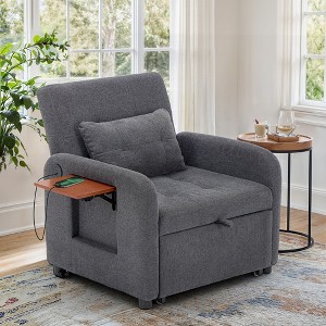 COLAMY Sleeper Chair, Fabric Sofa Bed with USB, Table, Pillow, Adjustable Back, for Dorm or Bedroom – Dark Grey - 1 of 4