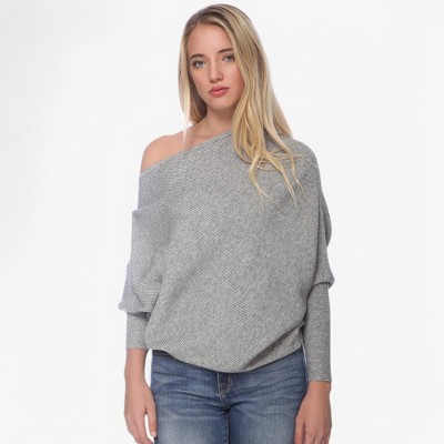 Anna-Kaci Women's Off-Shoulder Knit Sweater with Dolman Sleeves and Ribbed Cuffs - Medium/Large, Gray
