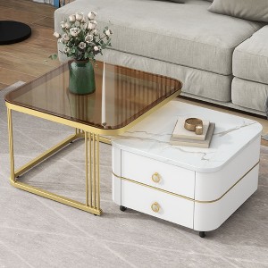 2-in-1 Nesting Coffee Table with Wheels Drawers Marble Top White Set - 1 of 3