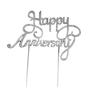 O'Creme Rhinestone Silver-Colored Script Happy Anniversary Cake Topper - 1 of 1