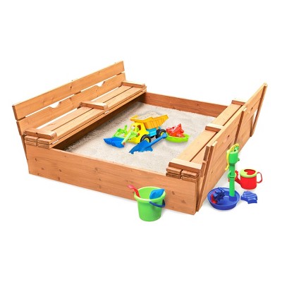 Natural Cedar Wood Sandbox with Convertible Benches