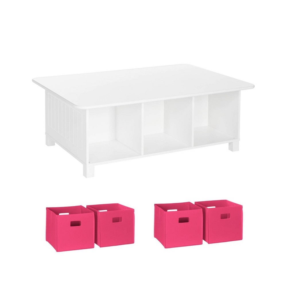RiverRidge Kids' Desk, Activity and Play Table with 6 Storage Cubbies White with 4 Hot Pink Fabric Bins