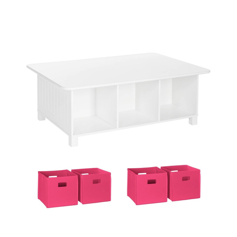 Photos - Kids Furniture RiverRidge Kids' Desk, Activity and Play Table with 6 Storage Cubbies White with 4 Hot Pink Fabric Bins