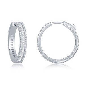 Bella Silver Sterling Silver Baguette CZ 25mm Hoop Earrings - Silver - 1 of 2