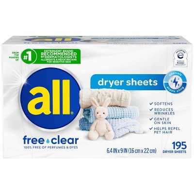 All Free Clear Fabric Softening Sheets - 195ct: Hypoallergenic, Dye-Free, Carton