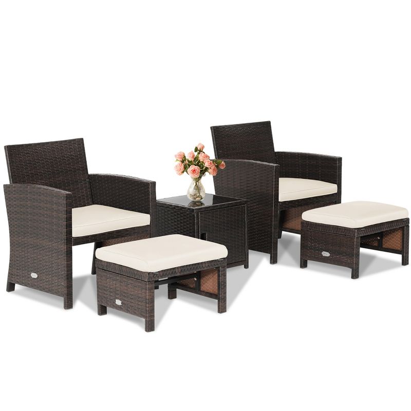 Costway 5PCS Patio Rattan Furniture Set Ottoman Cushioned W/Cover Space Saving Off White/Gray/Red/Turquoise, 3 of 11