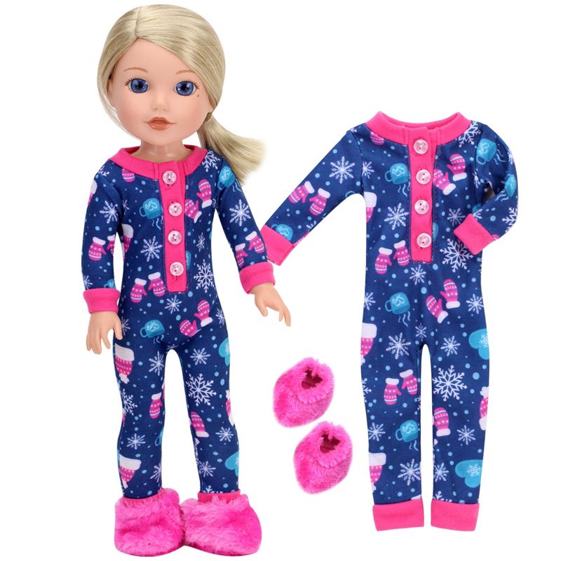 Sophia’s One Piece Winter Pajamas and Slippers for 14.5" Dolls, Blue/Hot Pink, 1 of 6