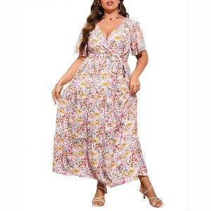 BLUEMING Summer Maxi Dress for Plus Size Women Tie Wasit Surplice Dress Flutter Sleeve A-Line Dress - 1 of 4