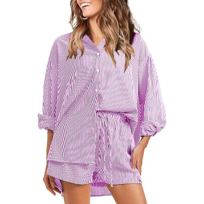 EXLURA Women's Summer 2 Piece Sets Long Sleeve Button Down Shirts Matching Short Sets Oversized Spring Vacation Outfits