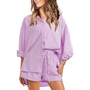 EXLURA Women's Summer 2 Piece Sets Long Sleeve Button Down Shirts Matching Short Sets Oversized Spring Vacation Outfits - 1 of 4