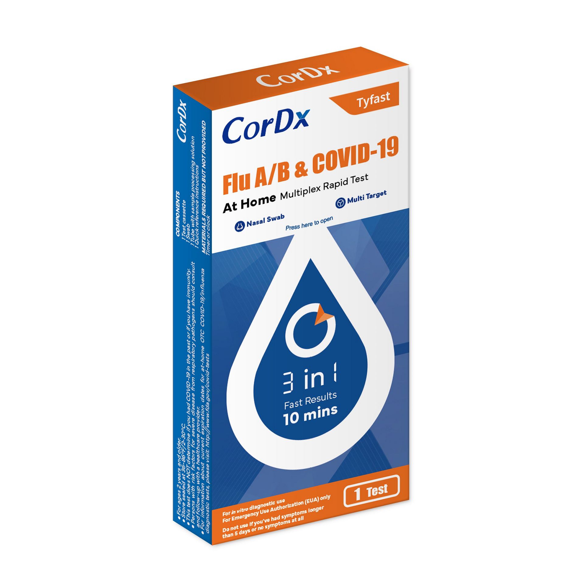 CorDx TyFast Flu A/B & Covid-19 Multiplex Rapid Test, FDA Authorized, 3-in-1 Combo Kit
