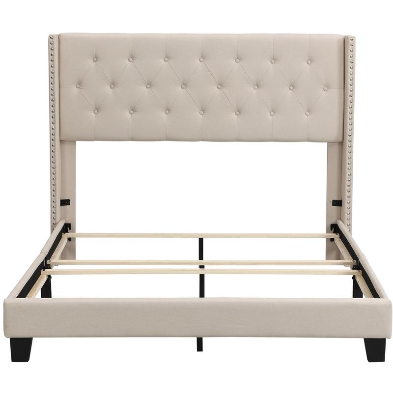 Queen Size Upholstered Platform Bed with Classic Headboard, Beige - ModernLuxe, 5 of 9