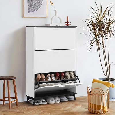 47 Inch Tall Shoe Cabinet, Shoe Storage Cabinet with 3 Flip Drawers, Narrow Slim Shoe Rack Cabinet for Entryway, Hallway,White
